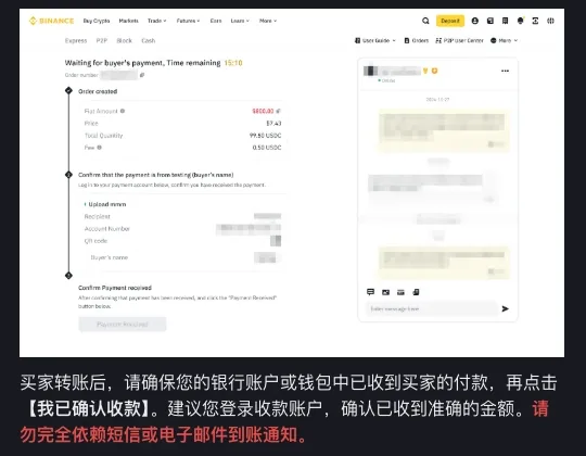 币安 C2C 网页端卖币步骤截图:上方是英文界面的等待买家付款订单页,有订单金额、核对付款人姓名和确认收款按钮;下方中文说明要求买家转账后先确认银行账户或钱包已收到付款再点【我已确认收款】,红字提醒请勿完全依赖短信或电子邮件到账通知