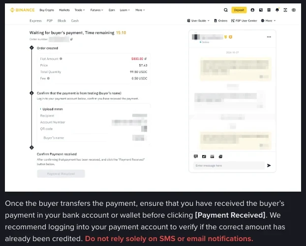 Binance P2P web selling steps: an order page waiting for the buyer's payment, with fiat amount, price, quantity, fee, a check of the buyer's name and a Payment Received button; below it the instruction to make sure the payment has reached your bank account or wallet before clicking Payment Received, and the red warning Do not rely solely on SMS or email notifications